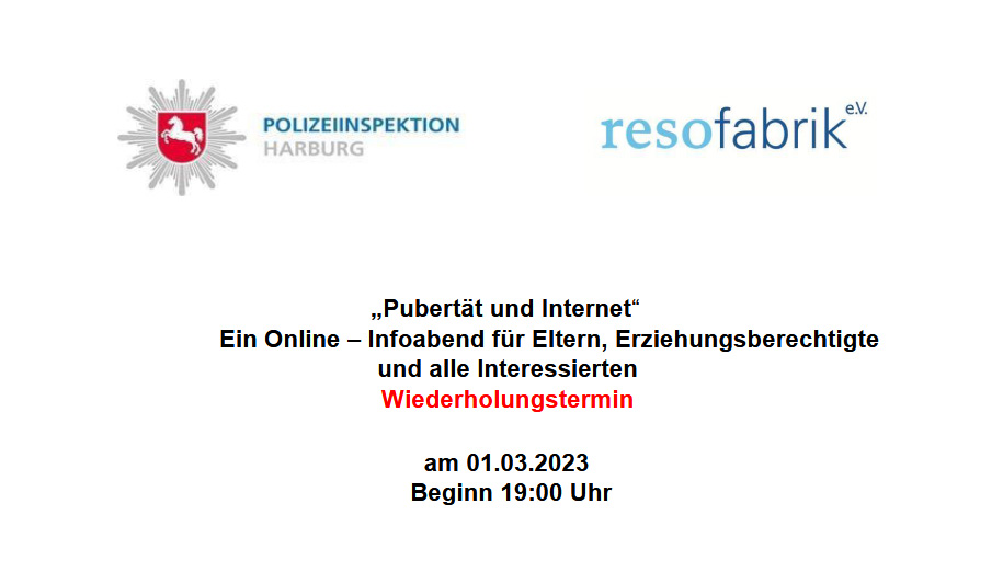 Zusatzveranstaltung: „Pubertät und Internet“ Online–Infoabend für Eltern, Erziehungsberechtigte und alle Interessierten, am 01.03.23, Beginn 19:00 Uhr