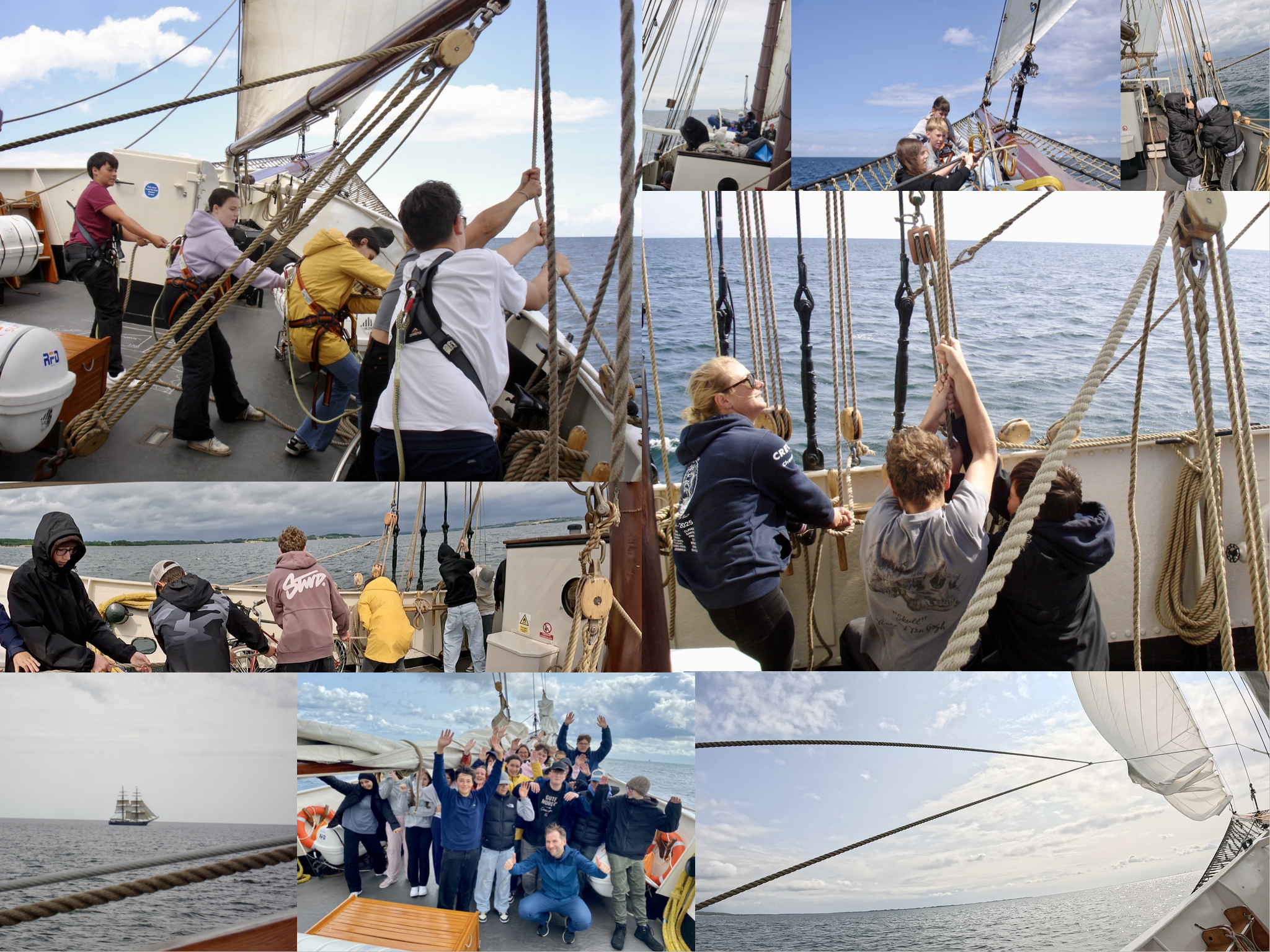 2025-06 Segeltörn 8d 2 Collage aus mehreren Bildern der Schüler:innen in Aktion auf dem Schiff. Um Segel zu hissen fassen alle mit an. Unten mittig ein Gruppenfoto der Klasse mit ihren Klassenlehrer:innen.